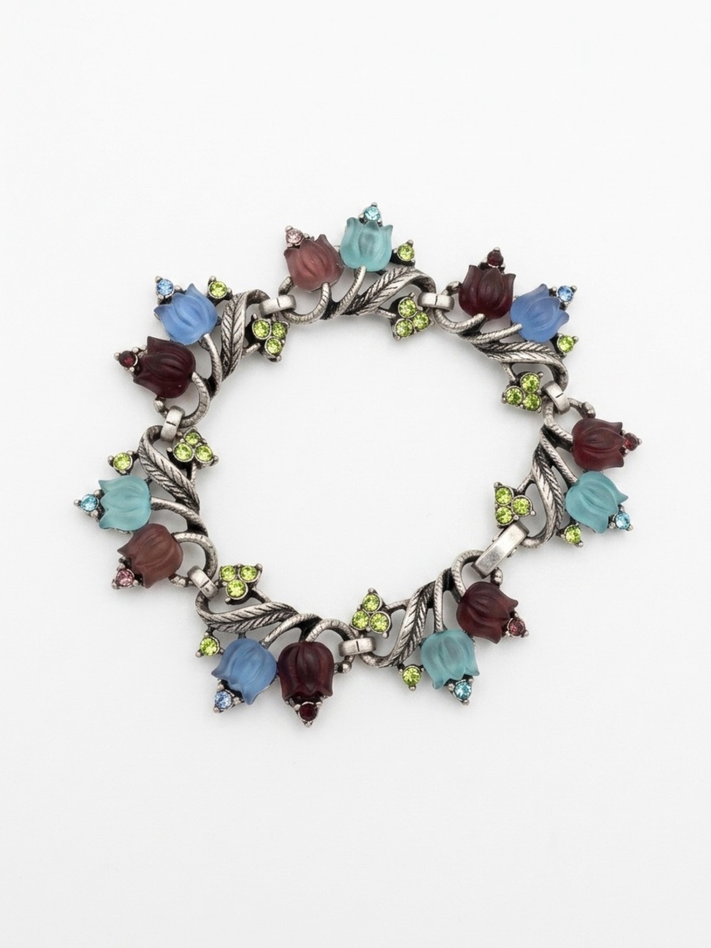 Sweet Romance Molded Glass Tulip Link Bracelet Vintage Style Floral Jewelry